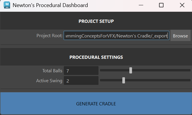 Maya UI panel for the procedural Newton's Cradle dashboard