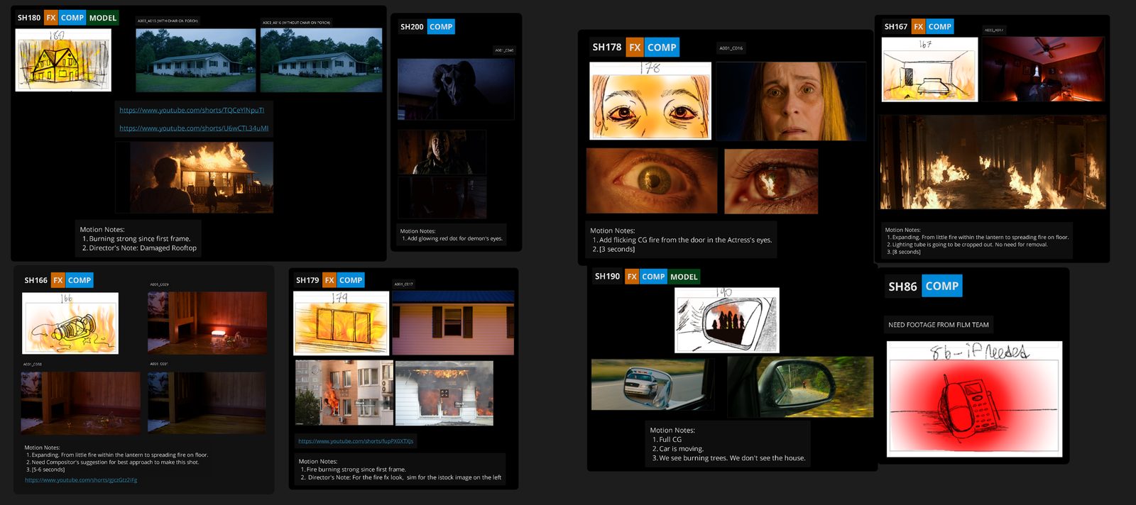 Shot tracker — storyboard, reference and motion notes for SH180, SH200, SH166, SH179