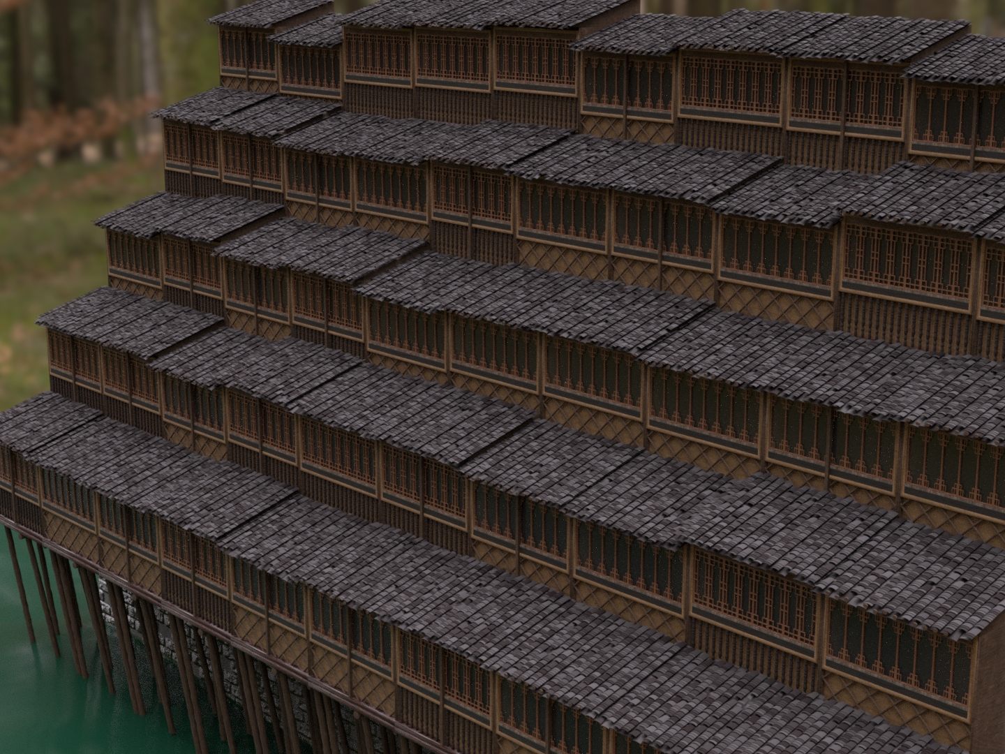 Procedural diaojiaolou stilt house with stacked roofs