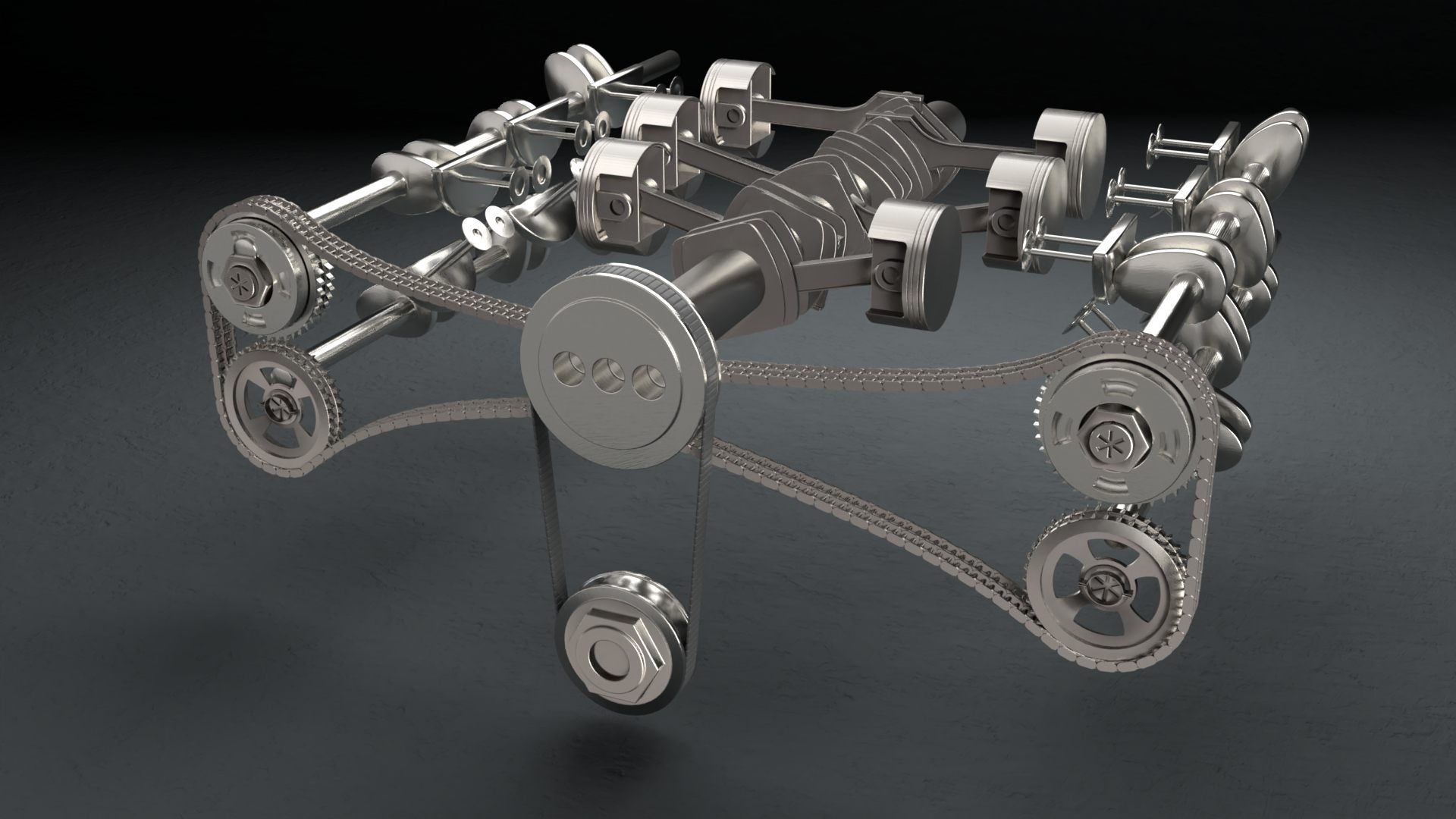 Render of the animated flat-six engine: pistons, crankshaft, camshafts, and timing chains