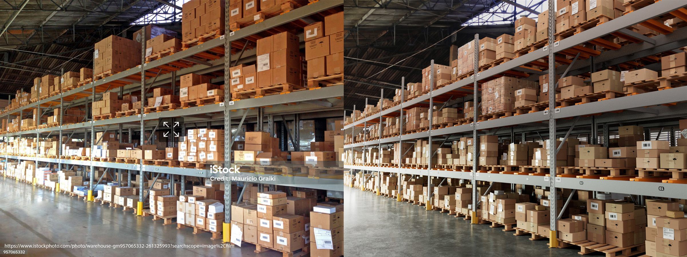 Reference photo of a warehouse beside the procedural render