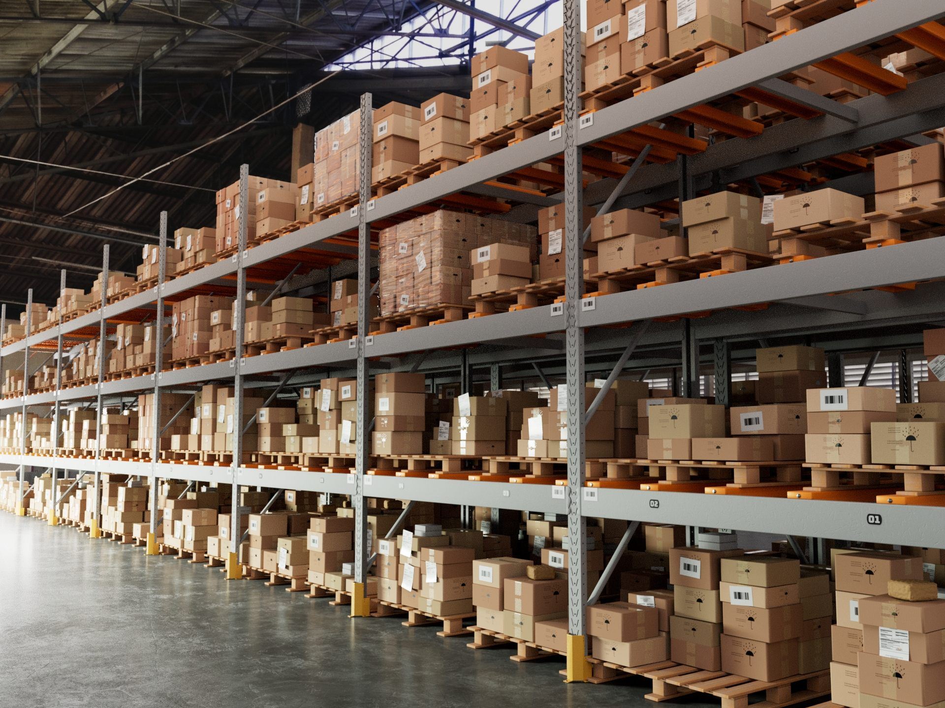 Procedural warehouse shelves stacked with randomized boxes